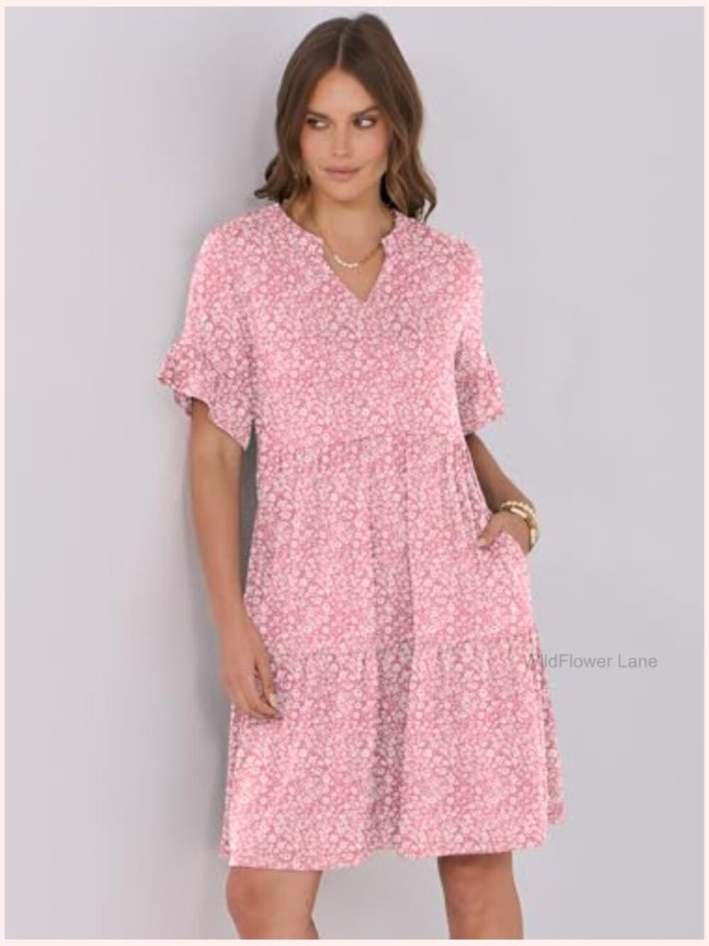 V-Neck Ruffle Sleeve Tiered Mini Dress with Pockets - Picture 6 of 7